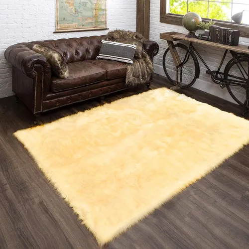 Miniatura 7 de Latepis Alfombra para sala de estar 6x8 pies, color amarillo, de piel sintética, esponjosa, de piel de oveja, para dormitorio, alfombra de felpa