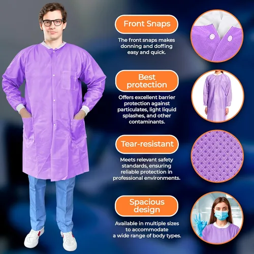 Miniatura 5 de EZGOODZ Abrigos de laboratorio desechables para adultos, morado, mediano, 43 pulgadas de largo, 50 GSM SMS, longitud a la rodilla con cierre a
