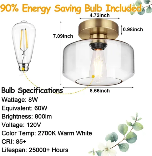Miniatura 8 de Lynnoland Lámpara de Techo Industrial Semiempotrada de Latón, Bombilla LED de 800 Lúmenes Incluida, Pantalla de Vidrio Transparente, Accesorio