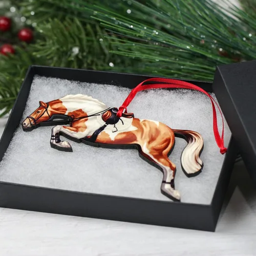 Miniatura 6 de Adorno de Navidad de caballo cazador, decoración de salto de caballo deportivo, regalos de caballo para ecuestre (Tobiano castaño y blanco)