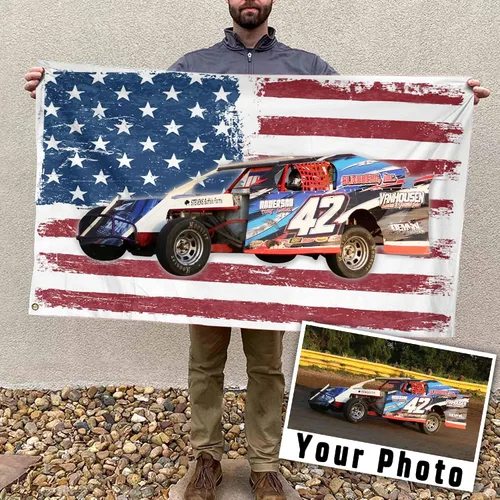 Miniatura 12 de Sprint Car Racing - Foto personalizada, nombre y número de carreras de bandera estadounidense a cuadros para amantes de las carreras de pista