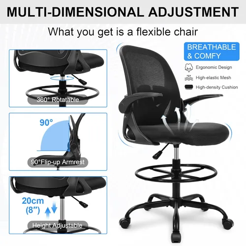Miniatura 7 de Primy Silla de dibujo alta de oficina con reposabrazos abatibles, silla de escritorio ergonómica ejecutiva para computadora con soporte lumbar