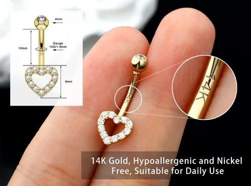 Miniatura 2 de Melighting Piercing para ombligo de oro real de 14 quilates, joyería de piercing de ombligo de corazón con circonita cúbica transparente, joyería