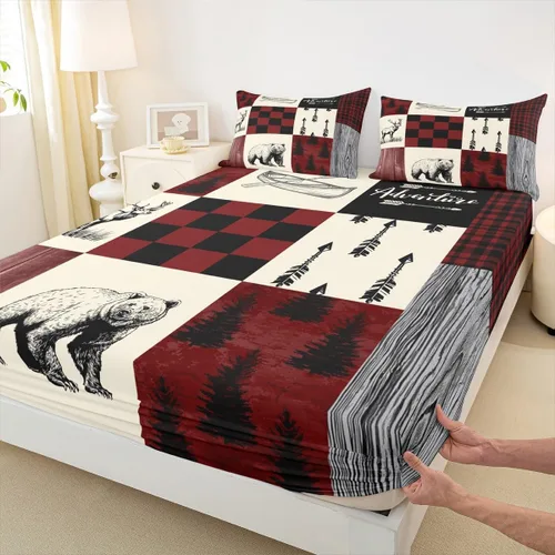 Miniatura 6 de Rustic Lodge - Juego de sábanas tamaño individual con diseño de oso y alce, diseño de retazos, color rojo y negro, a cuadros, ropa de cama de Multi