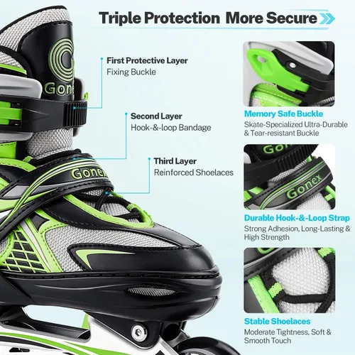 Miniatura 5 de Gonex Patines en línea para niñas y niños, patines ajustables para exteriores, patines en línea para niños, adolescentes y mujeres con ruedas Verde