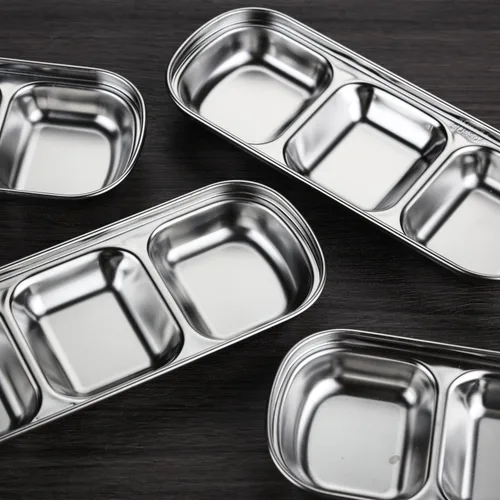Miniatura 5 de 3 cuencos de acero inoxidable para salsa de soja, 3 rejillas divididas, platos de acompañamiento para salsa de soja, salsa de tomate, condimentos
