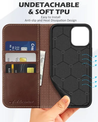 Miniatura 8 de SHIELDON Funda para iPhone 12 de 6.1", cartera de cuero genuino con protección magnética tipo libro, soporte con bloqueo RFID para tarjetas de Café