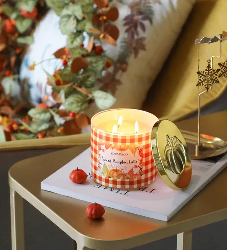 Miniatura 2 de Vela con leche de calabaza especiada, vela perfumada de otoño, vela grande de 3 mechas, 14 onzas