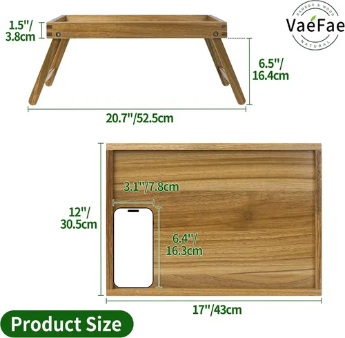 Miniatura 3 de VaeFae Bandeja de mesa de cama de acacia, bandeja de desayuno de madera con patas plegables, bandeja de cama para comer y computadora portátil