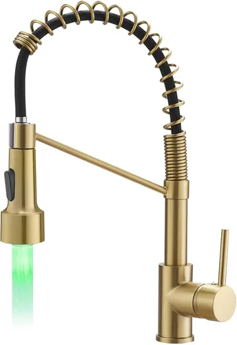 Miniatura 7 de Grifo de cocina dorado cepillado, AIMADI - Grifos de cocina con rociador desplegable, de una sola manija, de un solo orificio, grifo dorado