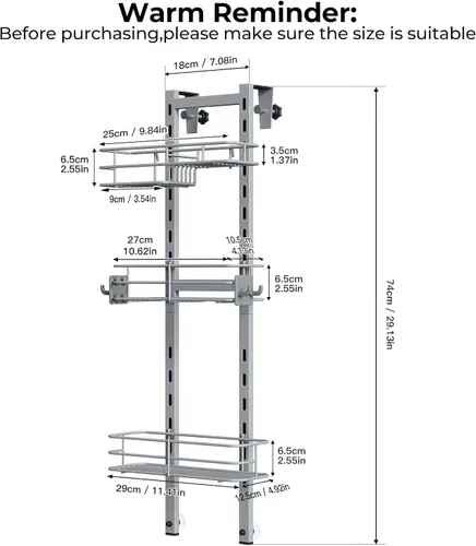 Miniatura 3 de ODesign Organizador de ducha para colocar sobre la puerta, organizador de ducha colgante ajustable de 3 niveles con soporte para jabón y 4 ganchos