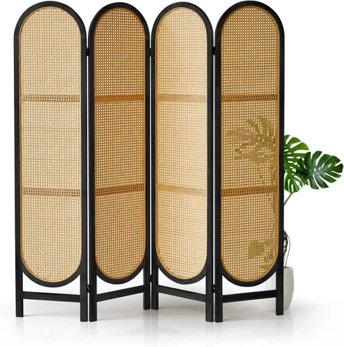 Miniatura 9 de Divisor de habitación de ratán arqueado de 5.6 pies, pantalla de privacidad plegable, 4 paneles independientes con bisagras dobles, divisor