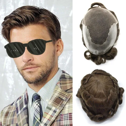 Miniatura 44 de Mens Toupee Swiss Lace Mens Hair Piece Sistema de reemplazo de cabello para hombres Toupee para hombres Cabello humano nudo blanqueado protesis