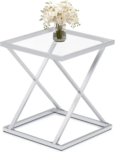 Miniatura 14 de Mesa auxiliar cuadrada de 19.68 pulgadas con parte superior de vidrio templado, elegante marco de metal en forma de X, mesa auxiliar para sala