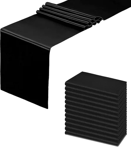 Miniatura 33 de Paquete de 15 caminos de mesa negros, camino de mesa de satén de 12 x 108 pulgadas de largo, camino de mesa de seda y tela suave para bodas