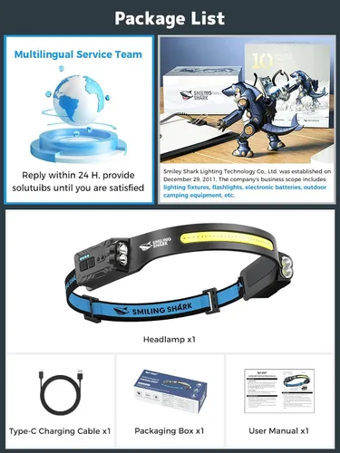 Miniatura 7 de Smiling Shark TD-0123-S - Linterna frontal ultrabrillante de 2400 mAh, recargable con sensor de movimiento manos libres, lámpara de cabeza LED