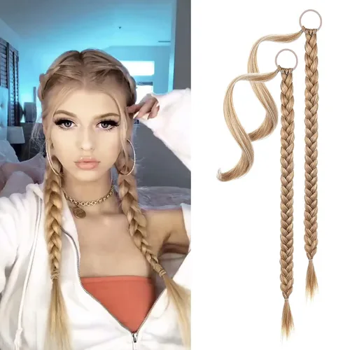 Miniatura 27 de YOGFIT 2 piezas Extensión de cola de caballo trenzada DIY, extensión de cola de caballo larga y lacia con envoltura natural, cabello sintético suave