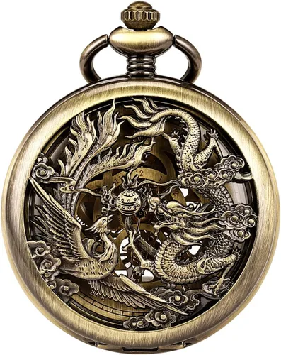 Miniatura 12 de ManChDa Antique Mechanical Pocket Watches for Men Lucky Dragon Phoenix Pocket Watch with Chain Skeleton Dial Roman Numerals Gifts for Fathers Day