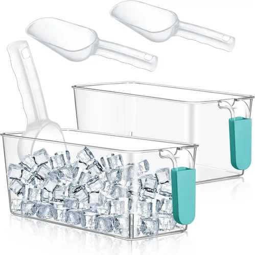 Havawish Juego de 2 Recipientes para Hielo y Cucharones Flexibles de Plástico para Congelador con Asa Extraíble, Cubo de Almacenamiento Transparente
