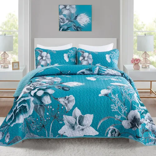 Miniatura 21 de Juego de colcha floral tamaño Queen de 3 piezas, juego de colcha con estampado floral rojo suave de microfibra ligera, cubrecama acolchado negro