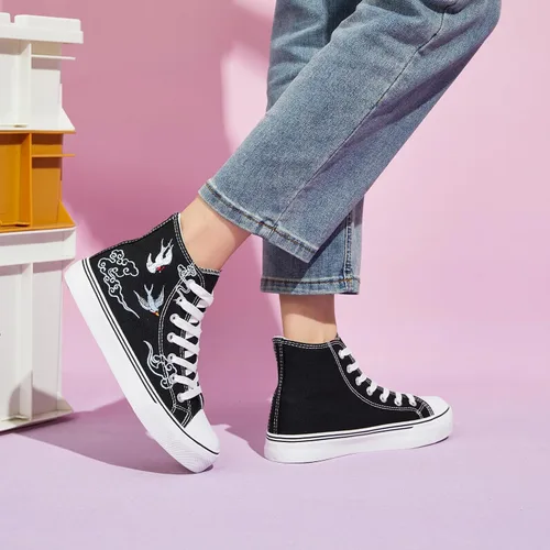 Miniatura 6 de kufeiti Zapatillas de lona altas para mujer, zapatos de lona con cordones, zapatillas blancas y negras, zapatos casuales para caminar