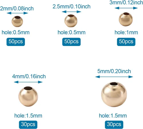 Miniatura 2 de Craftdady 210 cuentas espaciadoras redondas de oro de 18 quilates de 0.079 pulgadas, 0.089 pulgadas, 0.118 pulgadas, 0.118 pulgadas, 0.197 pulgadas