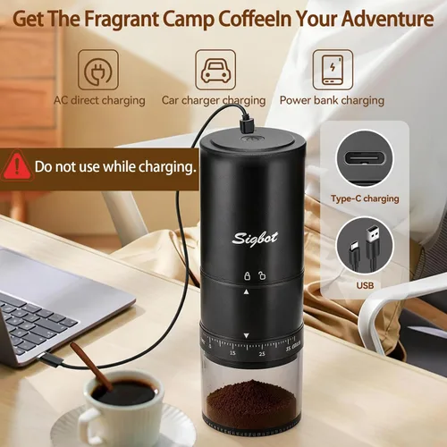 Miniatura 6 de Molinillo de café eléctrico portátil - 38 ajustes de molienda, fresa cónica y cuerpo de acero inoxidable negro, molino recargable para espresso