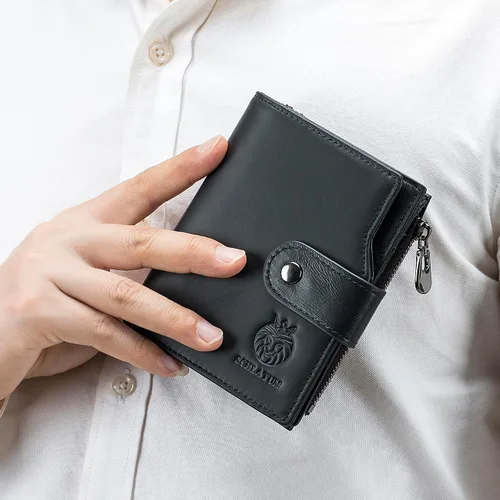 Miniatura 64 de LUKZIJAES Billetera de cuero genuino para hombre, con bloqueo RFID, delgada, plegable, bolsillo frontal, #3-Café, Vintage