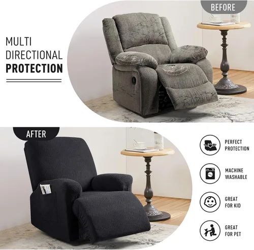 Miniatura 3 de KinCam Fundas para Reclinables, Fundas Elásticas para Sillas Reclinables, Fundas para Sofá Reclinable con Rayas Jacquard, Fundas Protectoras de Negro