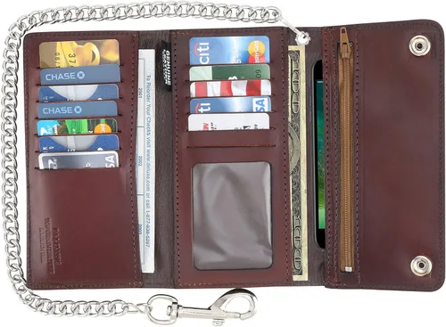 Miniatura 2 de RFID bloqueo de tres pliegues vintage de cuero de vaca de estilo largo con cadena tarjetero cartera, hecho en Estados Unidos