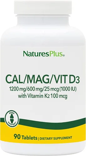 NaturesPlus Calcio/Magnesio/Vitamina D3 con Vitamina K2 - Apoya la salud ósea e inmunológica - Vegetariano, sin gluten - 90 tabletas - 22.5 porciones