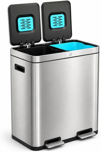 Home Zone Living cubeta de basura de cocina de 16 galones con compartimentos duales para reciclaje, control de olor CleanAura, acero inoxidable,