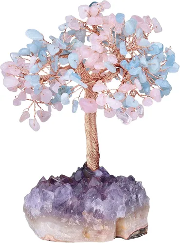 Miniatura 9 de Amogeeli Árbol de dinero de cobre con cristal curativo con base de racimo de amatista cruda, piedra zen bonsái para decoración del hogar