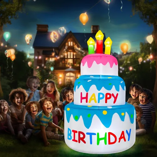 Miniatura 2 de Decoraciones inflables de pastel de cumpleaños feliz de 4 pies para exteriores con luces, decoración hinchable de fiesta de cumpleaños de días