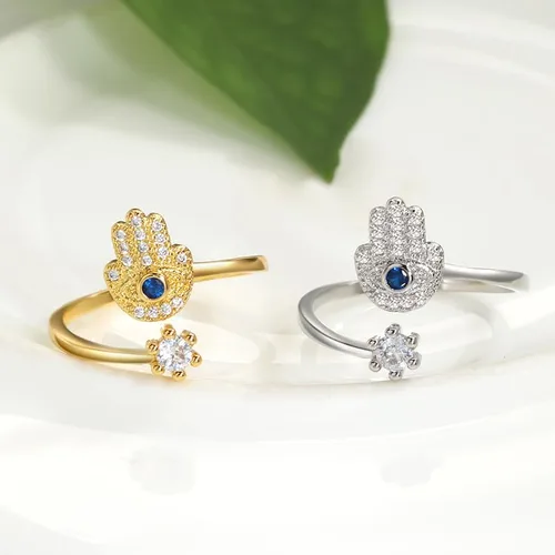 Miniatura 4 de YILUOCD Hamsa - Anillo de mano contra el mal de ojo para mujer, anillo de mano de Fátima Hamsa de ojo malvado, anillo de circonita cúbica azul