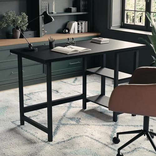 Miniatura 2 de Martha Stewart Beckett - Escritorio de caballete moderno con estantes laterales abiertos en acabado de grano de madera negra