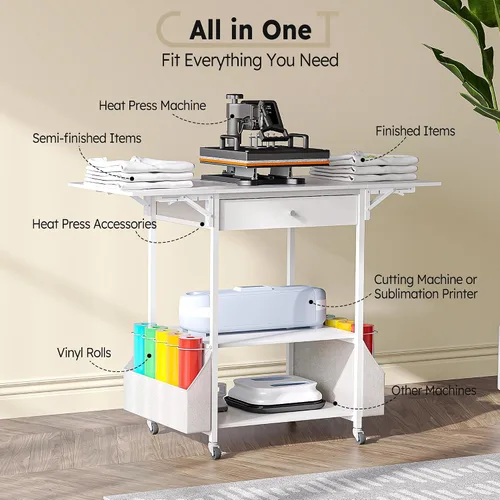 Miniatura 2 de 𝐂𝐫𝐚𝐟𝐢𝐭 Mesa Plegable de Prensa de Calor—Sostiene 36 Rollos de Vinilo, Carro de Soporte de Prensa de Calor Movible con Bolsa de Almacenamiento, Banco