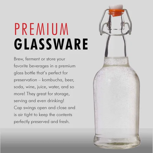 Miniatura 4 de Kitchen Lux - Botellas de cerveza de cristal con tapa abatible, 6 unidades. Set Home Brewing Grolsch. Tapa hermética de silicona para Kombucha