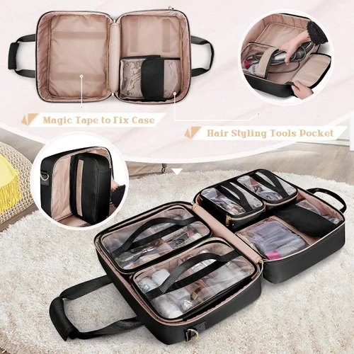 Miniatura 3 de Estuche de viaje profesional para artista de maquillaje con 4 bolsas de cosméticos desmontables, bolsa organizadora de maquillaje grande con sección