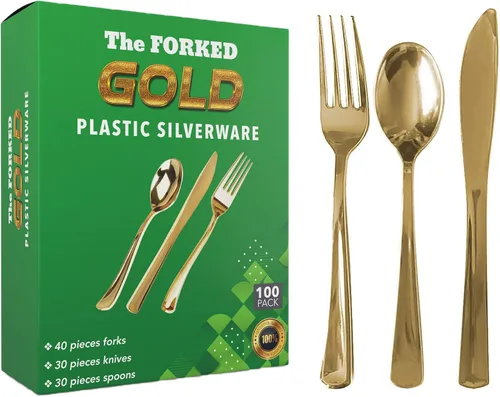Miniatura 10 de FORKED - Cuchillos desechables de plástico dorado de 50 piezas, cubiertos de alta resistencia, cuchillos de sopa duraderos y desechables