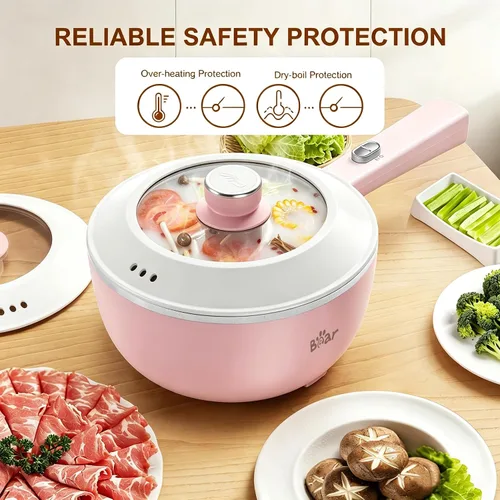 Miniatura 5 de Bear Olla caliente antiadherente 2L, 1000W Olla de cocina portátil multifuncional, fideos rápidos eléctricos, sartenes antiadherentes para carne