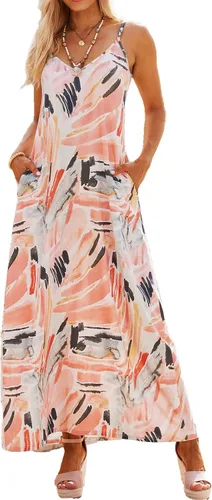 Supnier - Vestido largo de verano para mujer, vestido flora, informal y bohemio con cuello en V, sin mangas, con tirantes delgados y bolsillos