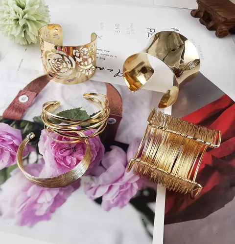 Miniatura 6 de 8 pulseras para mujer, pulseras de alambre ancho abierto, pulsera dorada