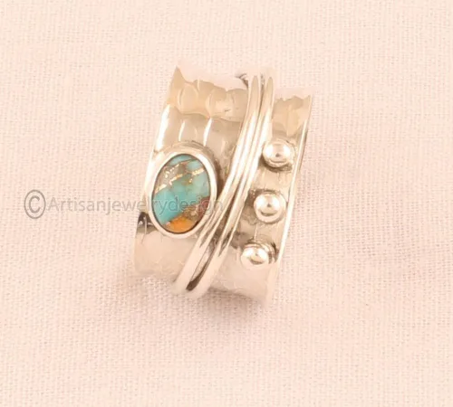 Miniatura 4 de Oyster Copper Turquoise Ring, 925 Sterling Silver Jewelry, Minimalist Ring For Women, Statement Spinner Ring, Fidget Spinner Ring, Anxiety Spinner