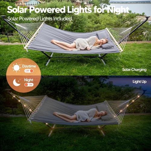 Miniatura 3 de SUNCREAT Hamaca doble con soporte de 12 pies, luces solares incluidas, hamaca al aire libre para exterior, gris oscuro