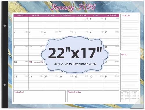 Calendario de escritorio grande 2025-2026, calendario de escritorio de 22 x 17 pulgadas, julio de 2025 a diciembre de 2026, calendario de escritorio
