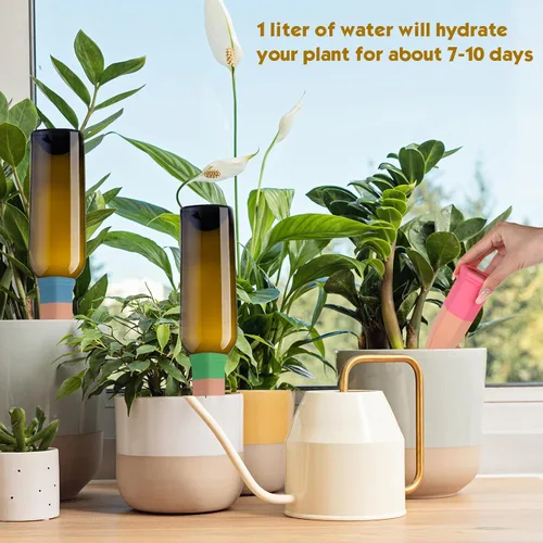 Miniatura 2 de Jovitec 6 estacas de riego de plantas de terracota, picos de riego automático para plantas de interior y exterior, hogar y oficina (multicolor)