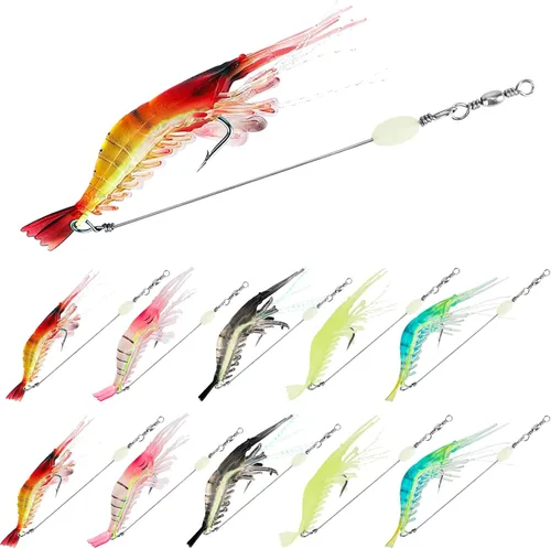 Juego de 10 señuelos de pesca de agua salada para camarones, aparejos de pesca de camarones suaves de alta calidad con ganchos afilados luminosos,