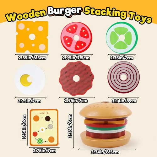 Miniatura 2 de Kizh Juguete apilable de madera para clasificar hamburguesas para niños pequeños, juguetes educativos Montessori de motricidad fina para niños