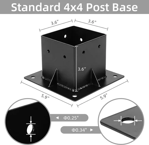 Miniatura 3 de Base de poste de 4 x 4, 4 piezas, soportes de base de poste de cubierta (interior de 3.6 x 3.6 pulgadas) con recubrimiento de polvo negro, soporte